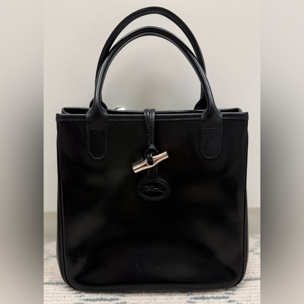 LONGCHAMP Vintage Y2K Mini Roseau Black Leather Tote Bag W/ Bamboo Toggle Silver